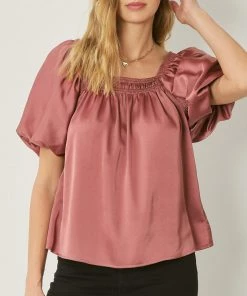 She She Boutique Satin Bubble Sleeve Top - Dark Orchid, Hunter Green OR Cocoa