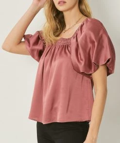 She She Boutique Satin Bubble Sleeve Top - Dark Orchid, Hunter Green OR Cocoa