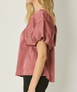 She She Boutique Satin Bubble Sleeve Top - Dark Orchid, Hunter Green OR Cocoa