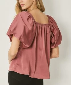She She Boutique Satin Bubble Sleeve Top - Dark Orchid, Hunter Green OR Cocoa