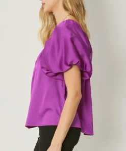 She She Boutique Satin Bubble Sleeve Top - Dark Orchid, Hunter Green OR Cocoa