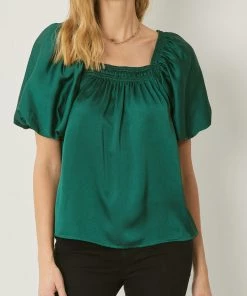 She She Boutique Satin Bubble Sleeve Top - Dark Orchid, Hunter Green OR Cocoa
