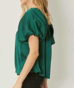 She She Boutique Satin Bubble Sleeve Top - Dark Orchid, Hunter Green OR Cocoa