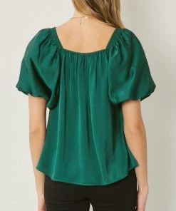 She She Boutique Satin Bubble Sleeve Top - Dark Orchid, Hunter Green OR Cocoa