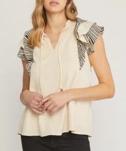 She She Boutique CLOTHING Zebra Ruffle Sleeve Top - Ecru