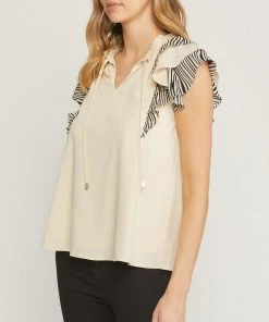 She She Boutique CLOTHING Zebra Ruffle Sleeve Top - Ecru