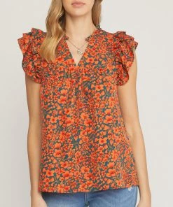 She She Boutique CLOTHING Floral Print V-Neck Top - Hunter Green