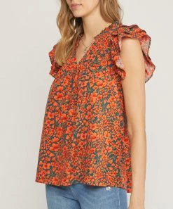 She She Boutique CLOTHING Floral Print V-Neck Top - Hunter Green