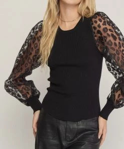 She She Boutique NEW ARRIVALS Sheer Animal Print Sleeve Top - Black