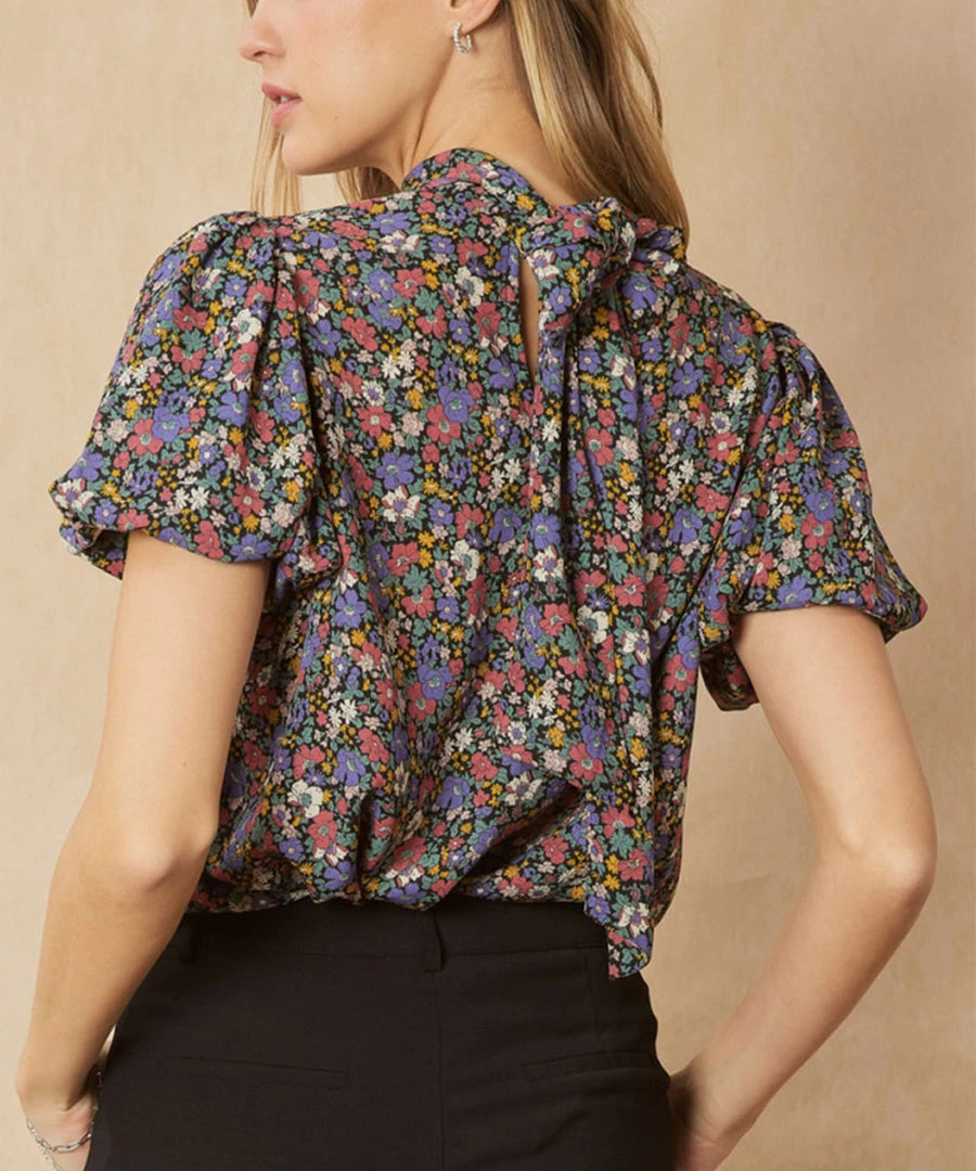 She She Boutique Floral Print Bubble Sleeve Top - Black Combo 5 She She Boutique Floral Print Bubble Sleeve Top - Black Combo