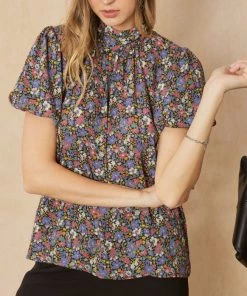 She She Boutique Floral Print Bubble Sleeve Top - Black Combo 9 She She Boutique Floral Print Bubble Sleeve Top - Black Combo