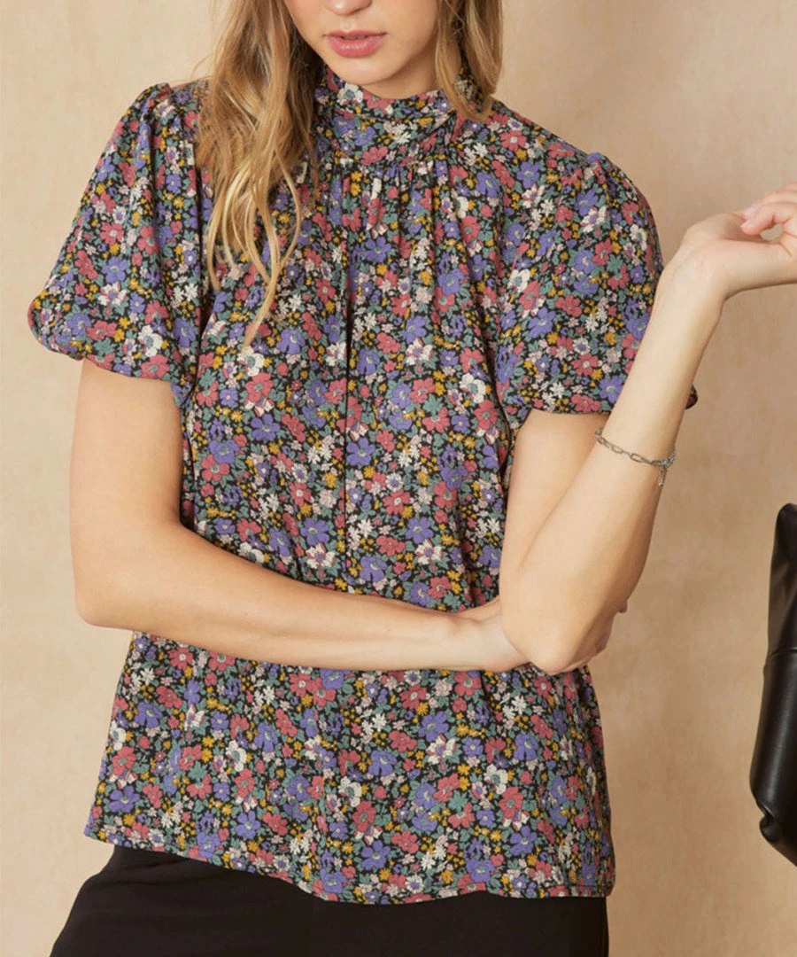 She She Boutique Floral Print Bubble Sleeve Top - Black Combo 6 She She Boutique Floral Print Bubble Sleeve Top - Black Combo