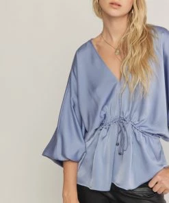 She She Boutique NEW ARRIVALS Satin V-Neck Top - Slate