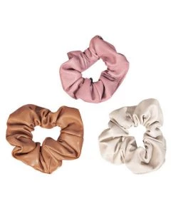 She She Boutique ACCESSORIES Faux Leather Scrunchie Set Of Three - Pink, Beige & Brown