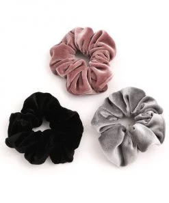 She She Boutique Velvet Scrunchies, Set Of 3 - Mauve, Grey & Black ACCESSORIES