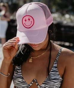 She She Boutique Smiley Face Trucker Hat - White/Pink ACCESSORIES