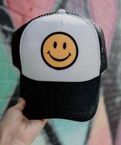 She She Boutique Smiley Face Trucker Hat - White/Black ACCESSORIES
