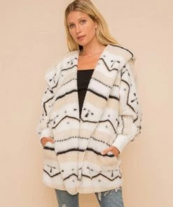 She She Boutique Geo Stripe Sherpa Jacket - White/Black/Tan