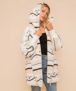 She She Boutique Geo Stripe Sherpa Jacket - White/Black/Tan