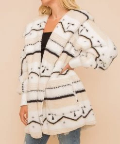 She She Boutique Geo Stripe Sherpa Jacket - White/Black/Tan