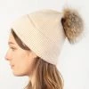 She She Boutique Ribbed Knit Beanie With Pom Pom - Ivory ACCESSORIES