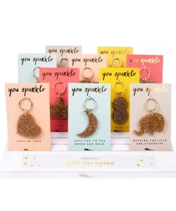 She She Boutique GIFTS Gold Glitter Keychain - House, Crescent, Pineapple, Airplane, Star, Heart, Leaf, Elephant, Crown OR Sweet 16