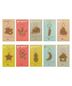 She She Boutique GIFTS Gold Glitter Keychain - House, Crescent, Pineapple, Airplane, Star, Heart, Leaf, Elephant, Crown OR Sweet 16