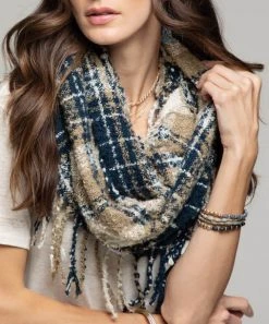 She She Boutique CLOTHING Plaid Infinity Scarf - Navy/Taupe - FINAL SALE
