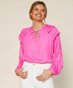 She She Boutique Split Neck Blouse - Pink Bubblegum