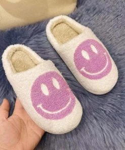 She She Boutique Smiley Face Slippers - White/Purple