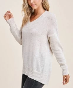 She She Boutique CLOTHING V-Neck Speckled Sweater - Ivory