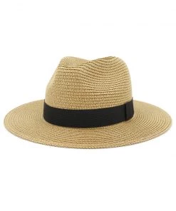 She She Boutique Straw Hat With Solid Black Band - Khaki ACCESSORIES