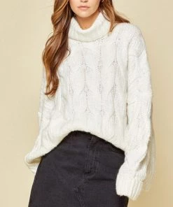She She Boutique Cowl Neck Cable Knit Sweater - Ivory