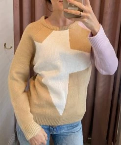 She She Boutique Color Block Star Sweater - Beige Multi CLOTHING
